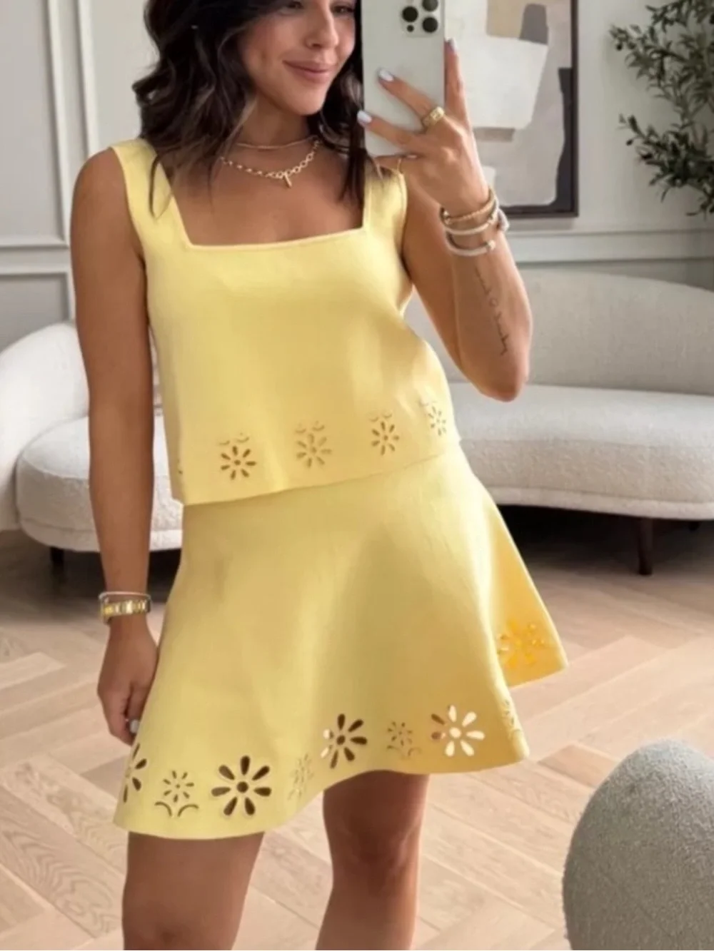 Zara NWT Eyelet Embroidered Knit Mini Skirt in butter yellow high waisted